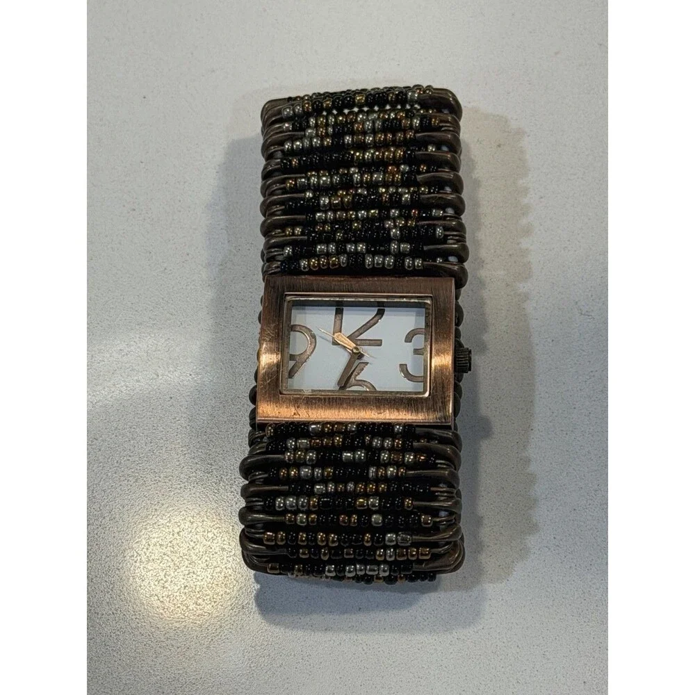Vintage Copper Tone Square Face Watch Beaded Safety Pin Stretch Cuff New Battery